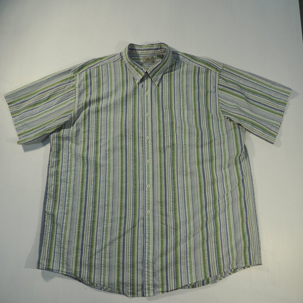 LL Bean Oxford Mens XXL Shirt Blue Green Stripe Seersucker Grandpa Academia - Picture 8 of 8